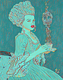 Victorian Lady's Tea Time Art Print - Aqua Glow Variant