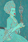 Victorian Lady's Tea Time Art Print - Aqua Glow Variant