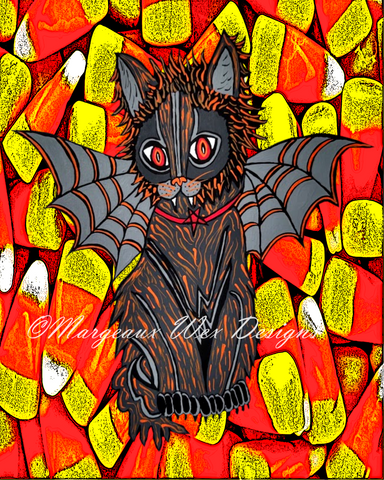 Stinky The Bat Cat With Candy Corn Patch Art Print Inspired by Bats, Cats, and Candy Corn